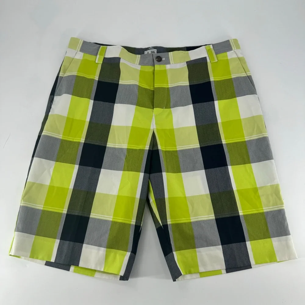Adidas Golf Mens Plaid Shorts‎ Lime Green Grey White Size 38 RN 88387 CA 40312